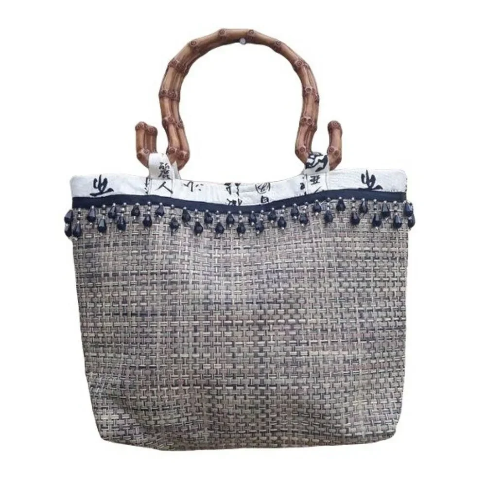 Handmade Oriental Basket Weave Bucket‎ Bag Beaded Fringe Faux Wood Handles